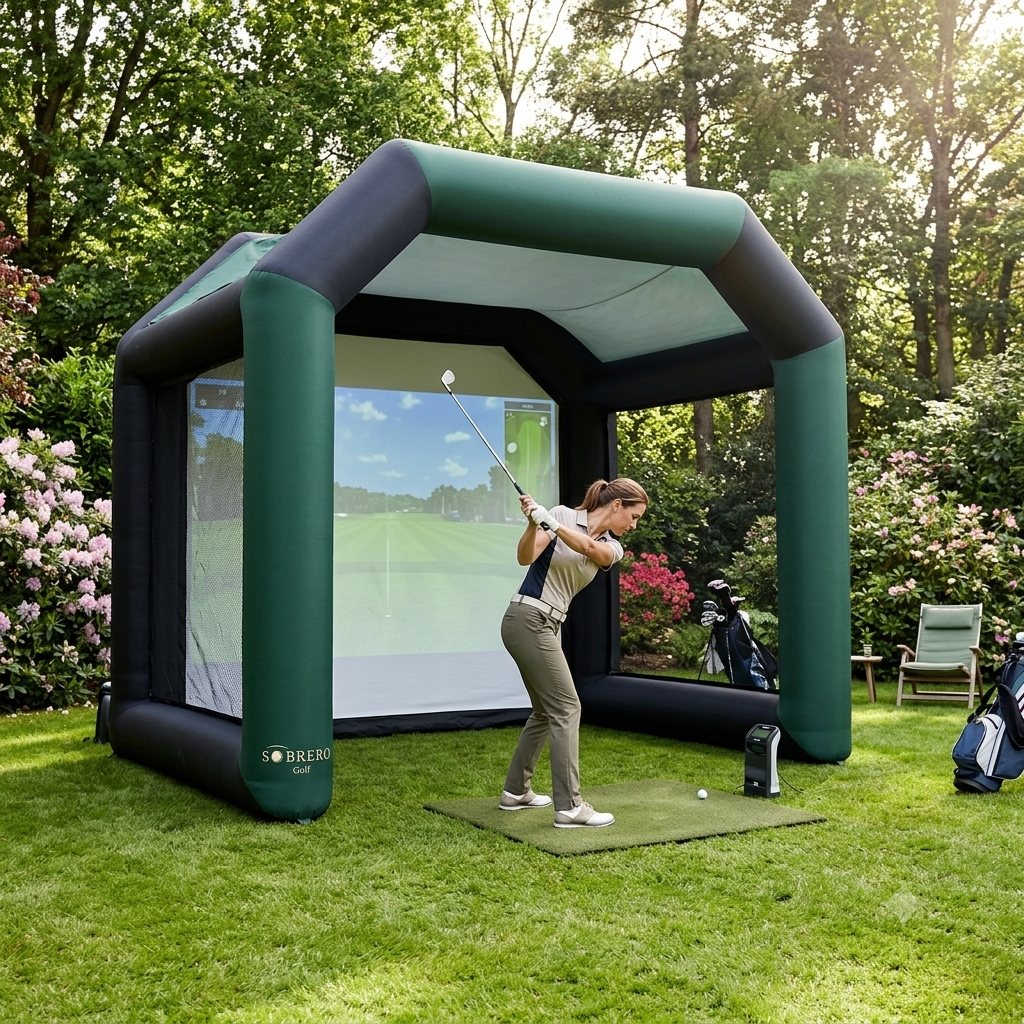 Estrutura Sobrero montada num jardim, com jogadora em swing e o simulador em funcionamento