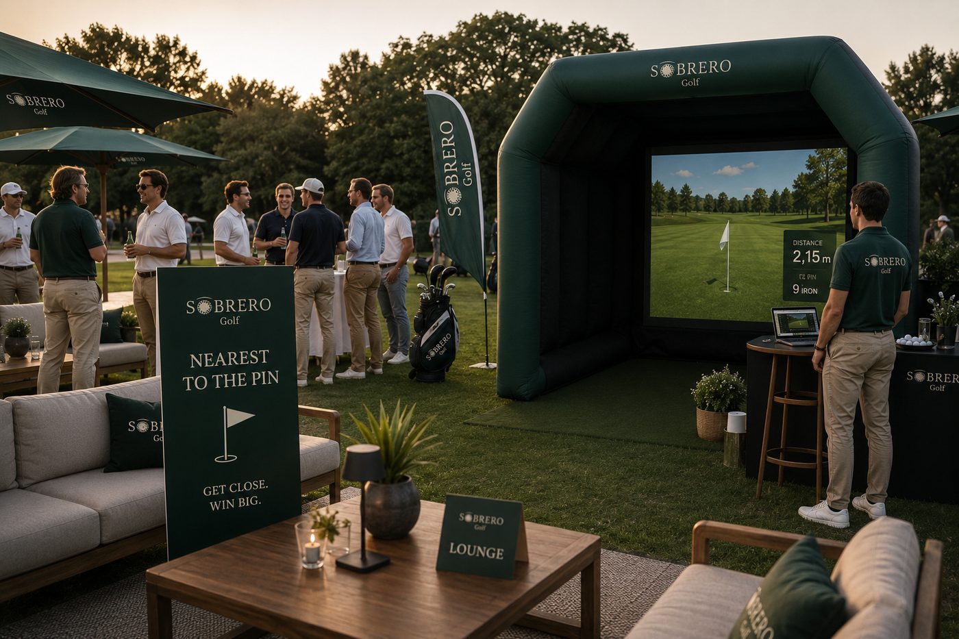 Ativação de marca Sobrero num clube de golfe, com lounge, bandeirolas e desafio closest-to-the-pin
